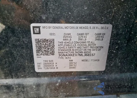 2021 Chevrolet Equinox Lt из США, поврежденный, VIN 3GNAXKEV7ML368157